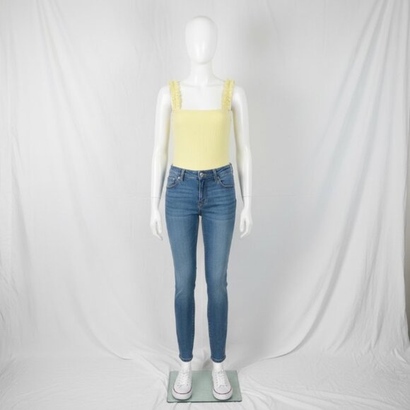 EUC Double Zero Women's Ribbed Ruffle Strap Pale Yellow Bodysuit L - Picture 2 of 12